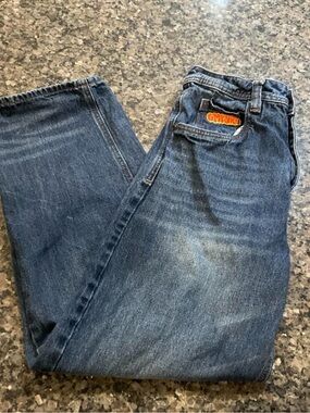 Empyre Women's Straight Leg Jeans in Dark Blue with Orange Logo